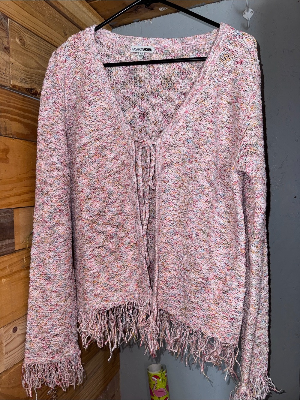 Fashion Nova Pink Multi-Fleck V-Neck Tie-Front Fringe Sweater